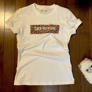 TRUE RELIGION leopard block print white tee shirt top slim crew Size small